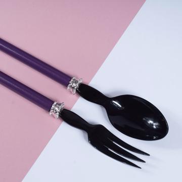 Service à Salade motif Perle en bois et corne, violet, virole arg [2]