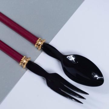 Service à Salade motif Perle en bois et corne, rouge foncé, virole or [2]