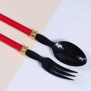 Service à Salade motif Perle en bois et corne, rouge, virole or [2]