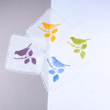 4 Serviettes Cocktail Oiseau en lin