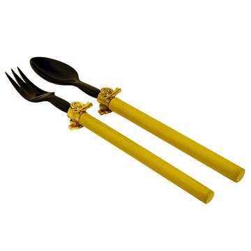 Service à Salade Motif Escargot en bois et corne, jaune, virole or