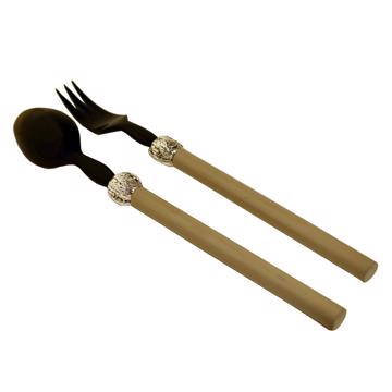 Service à Salade motif Noix en bois et corne, beige, virole arg
