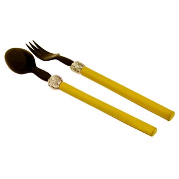 Service à Salade motif Noix en bois et corne, jaune orange, virole arg