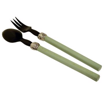 Service à Salade motif Noix en bois et corne, vert menthe, virole arg