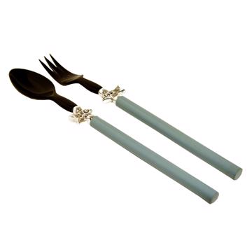 Salad Set Fish design in wood and horn, lila, silver ring