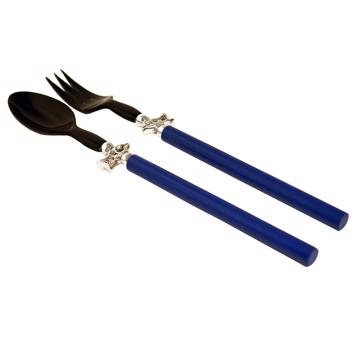 Service à Salade motif Poisson en bois et corne, bleu foncé, virole arg
