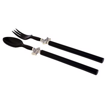Salad Set Fish design in wood and horn, black, silver ring