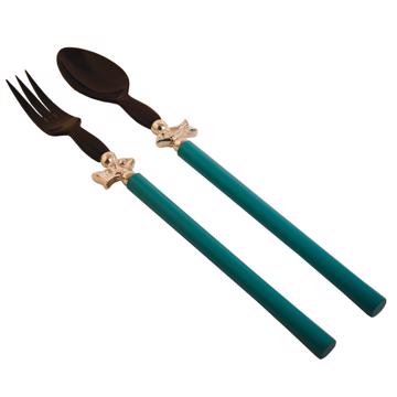 Service à Salade motif Poisson en bois et corne, turquoise, virole arg