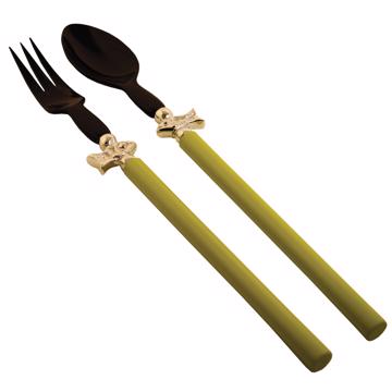 Salad Set Fish design in wood and horn, light green, silver ring