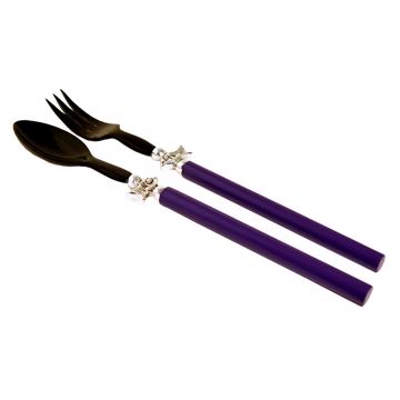 Service à Salade motif Poisson en bois et corne, violet, virole arg
