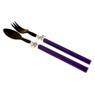 Salad Set Fish design in wood and horn, purple, silver ring