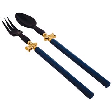 Service à Salade motif Poisson en bois et corne, bleu france, virole or