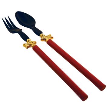 Service à Salade motif Poisson en bois et corne, rouge orange, virole or