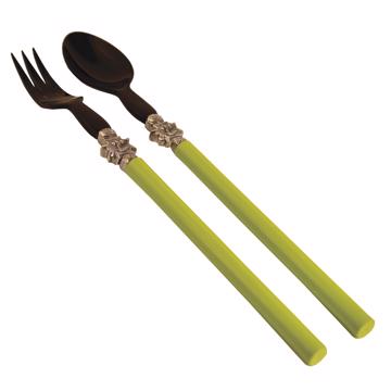 Service à Salade motif Soleil en bois et corne, vert pomme, virole arg