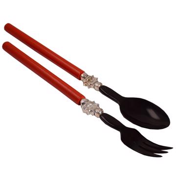 Service à Salade motif Soleil en bois et corne, rouge, virole arg
