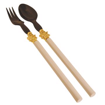 Service à Salade motif Soleil en bois et corne, beige, virole or