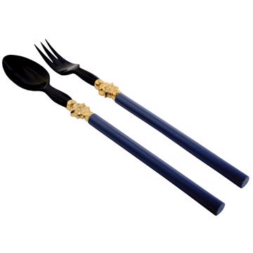 Salade Set Sun Design in wood and horn, french blue, gold ring [3]
