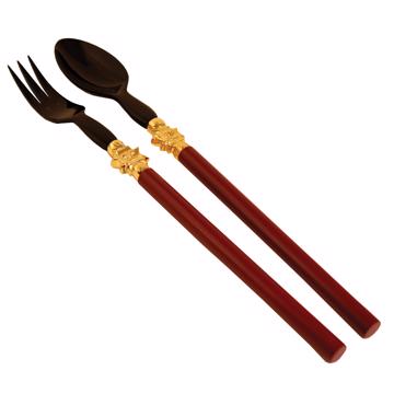 Salade Set Sun Design in wood and horn, reddish purple, gold ring