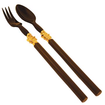 Service à Salade motif Soleil en bois et corne, marron, virole or [3]