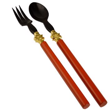 Salade Set Sun Design in wood and horn, red , gold ring