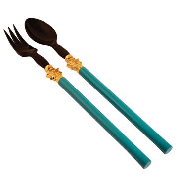 Service à Salade motif Soleil en bois et corne, turquoise, virole or
