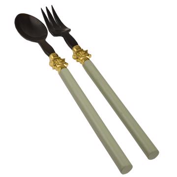 Service à Salade motif Soleil en bois et corne, vert mousse, virole or