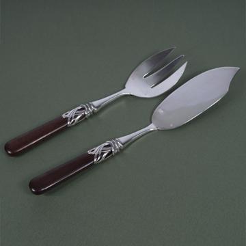 Saba fish serving set in wood and silver