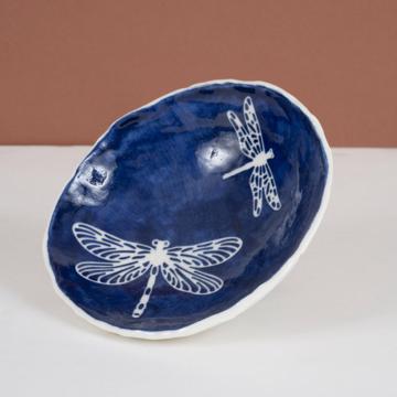 Coupelle Pochoir en porcelaine estampé, bleu foncé, 2 libellule [1]