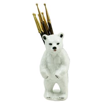 Porte pique Ours en porcelaine, blanc, ebène et or
