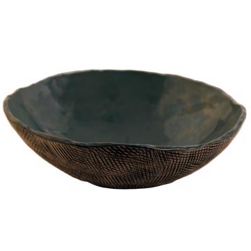 Reef salad bowl in stamped stoneware, duck blue