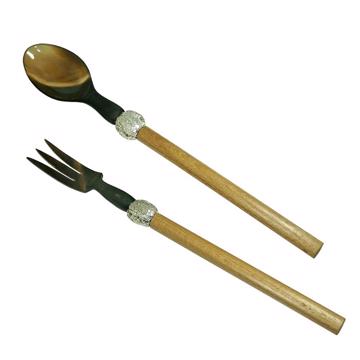 Service à Salade motif Noix en bois et corne, nature, virole arg