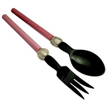 Service à Salade motif Noix en bois et corne, vieux rose, virole arg