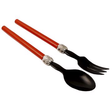 Service à Salade motif Noix en bois et corne, rouge orange, virole arg