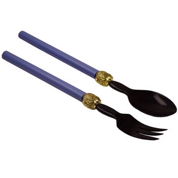 Service à Salade motif Noix en bois et corne, lila, virole or