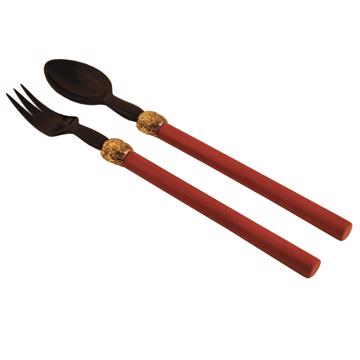 Service à Salade motif Noix en bois et corne, rouge orange, virole or