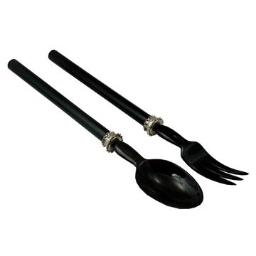 Service à Salade motif Perle en bois et corne, noir, virole arg