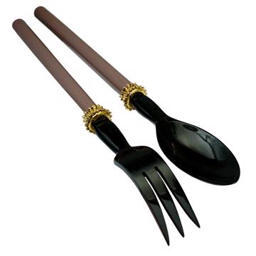 Service à Salade motif Perle en bois et corne, taupe, virole or