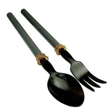 Service à Salade motif Perle en bois et corne, gris, virole or