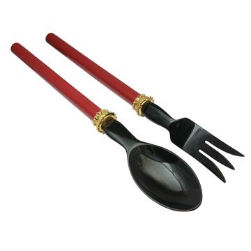 Service à Salade motif Perle en bois et corne, rouge, virole or