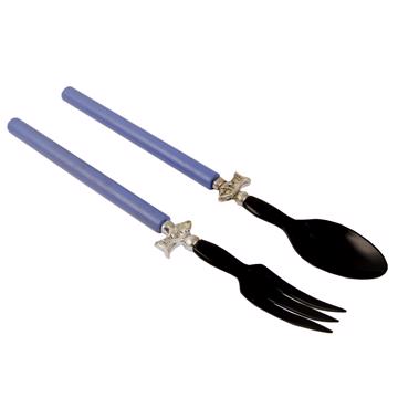 Service à Salade motif Poisson en bois et corne, violet bleu , virole arg